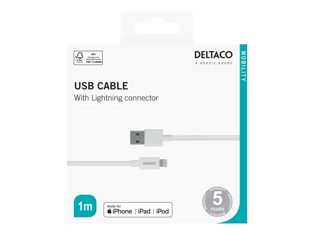 DELTACO synk/laddkabel, 1 m, MFI,USB Typ A ha - Lightning Populär